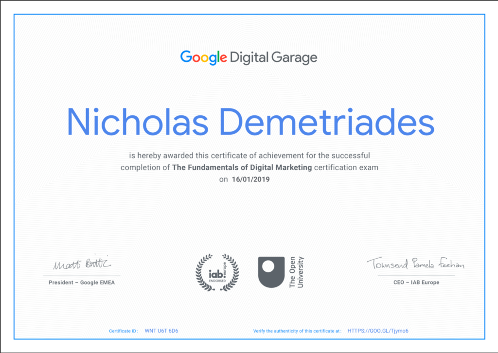 Chứng chỉ từ khóa học của Google Digital Garage